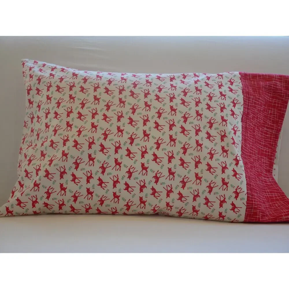 Handmade Red Reindeer Christmas Pillowcase, Designer Cotton (14x21)